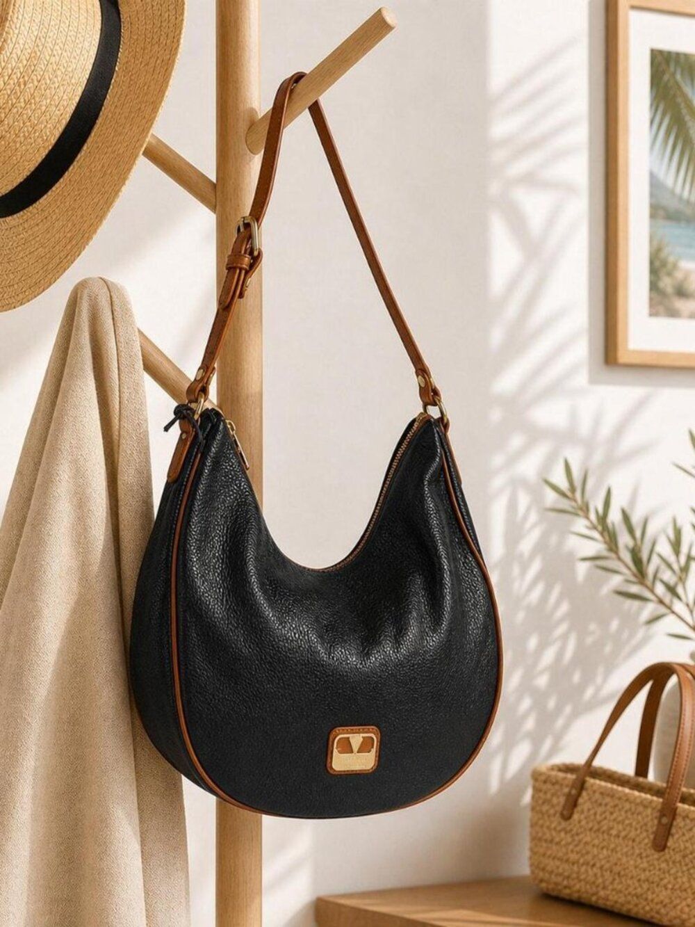 Valentina Hobo Bag Genuine Pebbled Leather Black Brown Trim Classic Slouchy